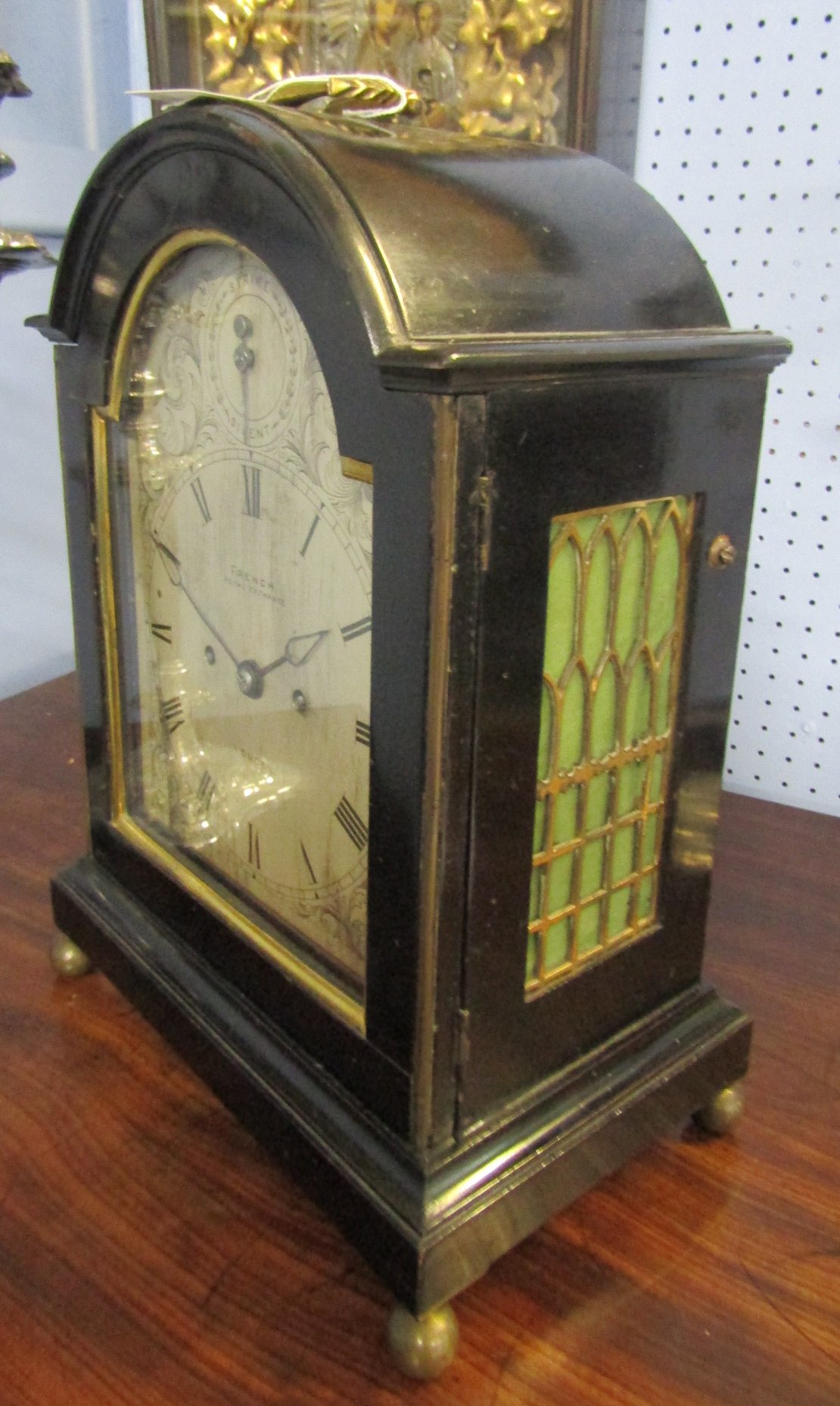 Mid-19th century ebonised twin fusee bracket clock, French - Royal Exchange, London, the arched case - Image 11 of 15