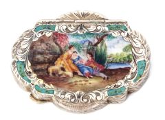 Late 19th/early 20th century silver parcel gilt and enamelled powder compact of shaped oval form,