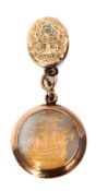 Mixed Lot: comprising a glazed 9ct gold fob of circular form with ring suspension and glazed both