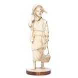 Japanese Meiji period ivory figure of a woman finely modelled, carrying a basket of bread, 19cm