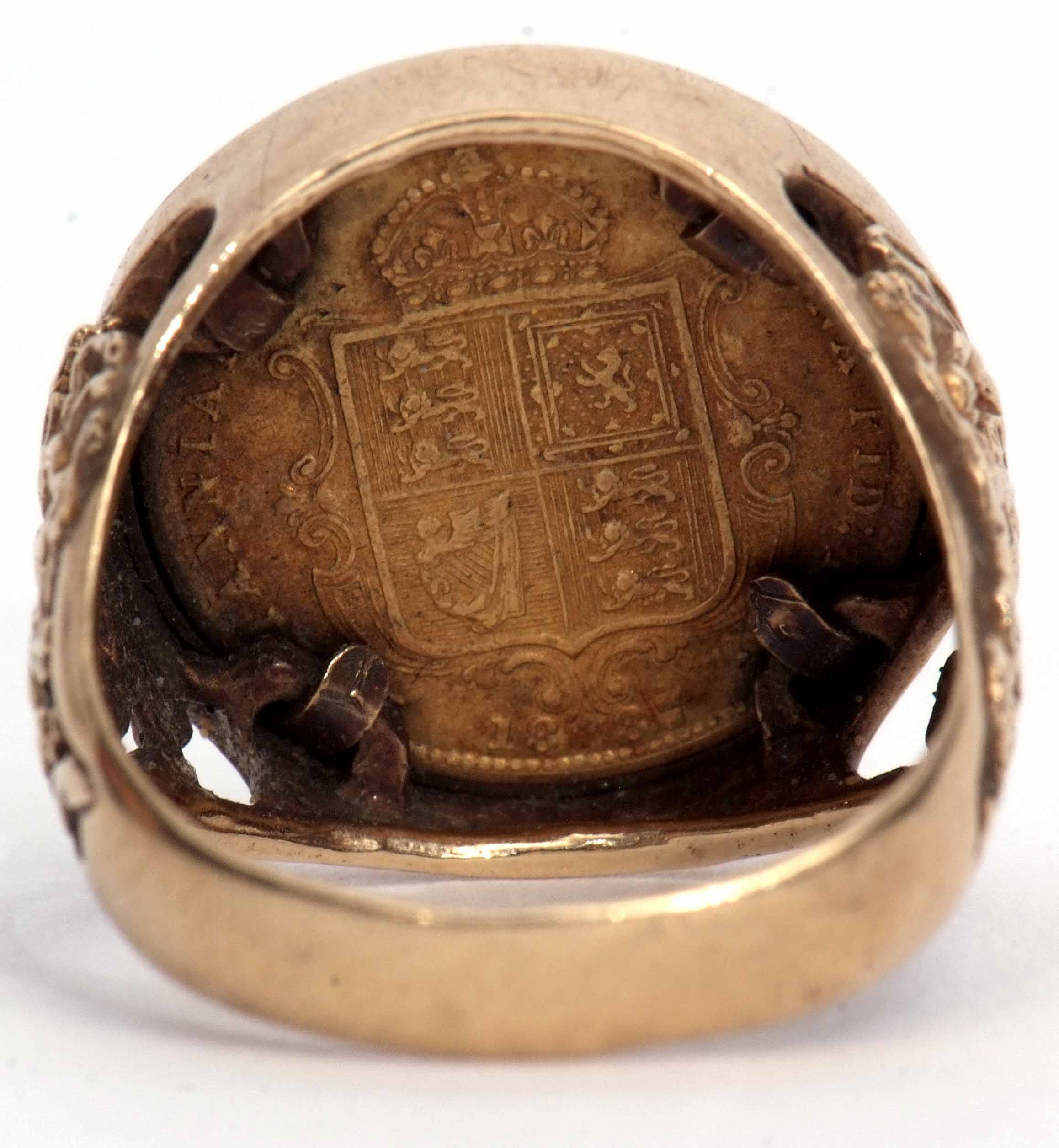 Victorian gold half sovereign shield back, dated 1887, in a 9ct gold ring mount, the shoulders - Image 4 of 4