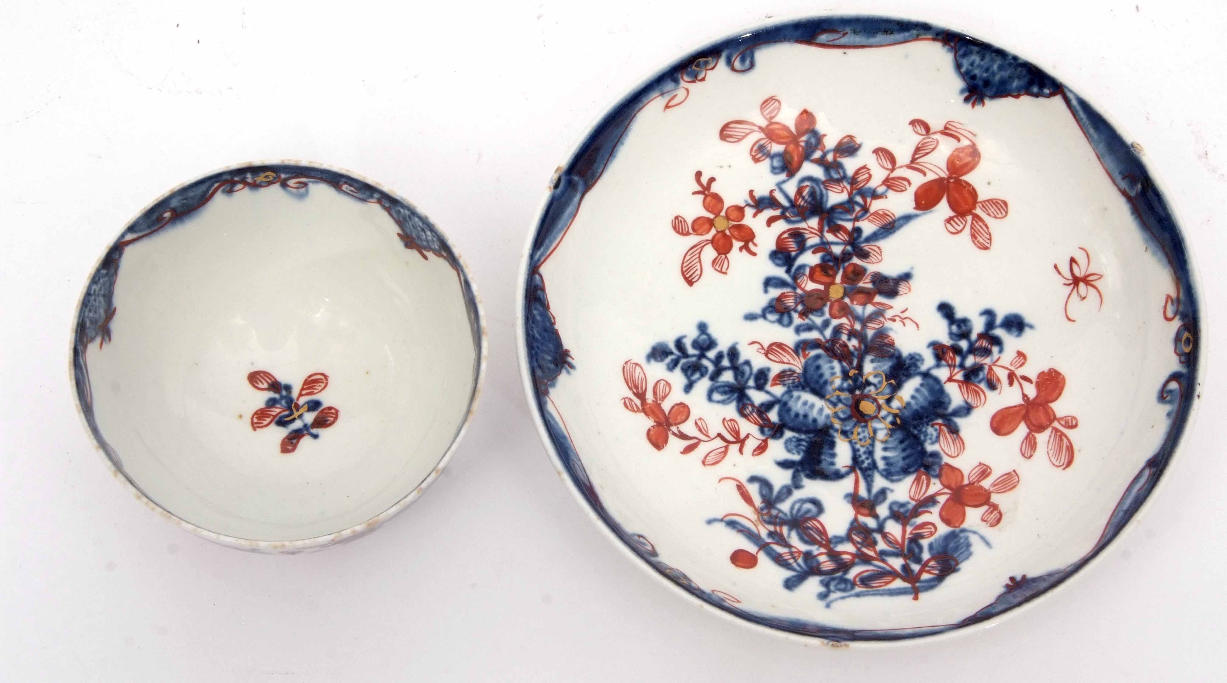 Lowestoft porcelain tea bowl and saucer circa 1780, the blue and white design clobbered with a - Image 2 of 4