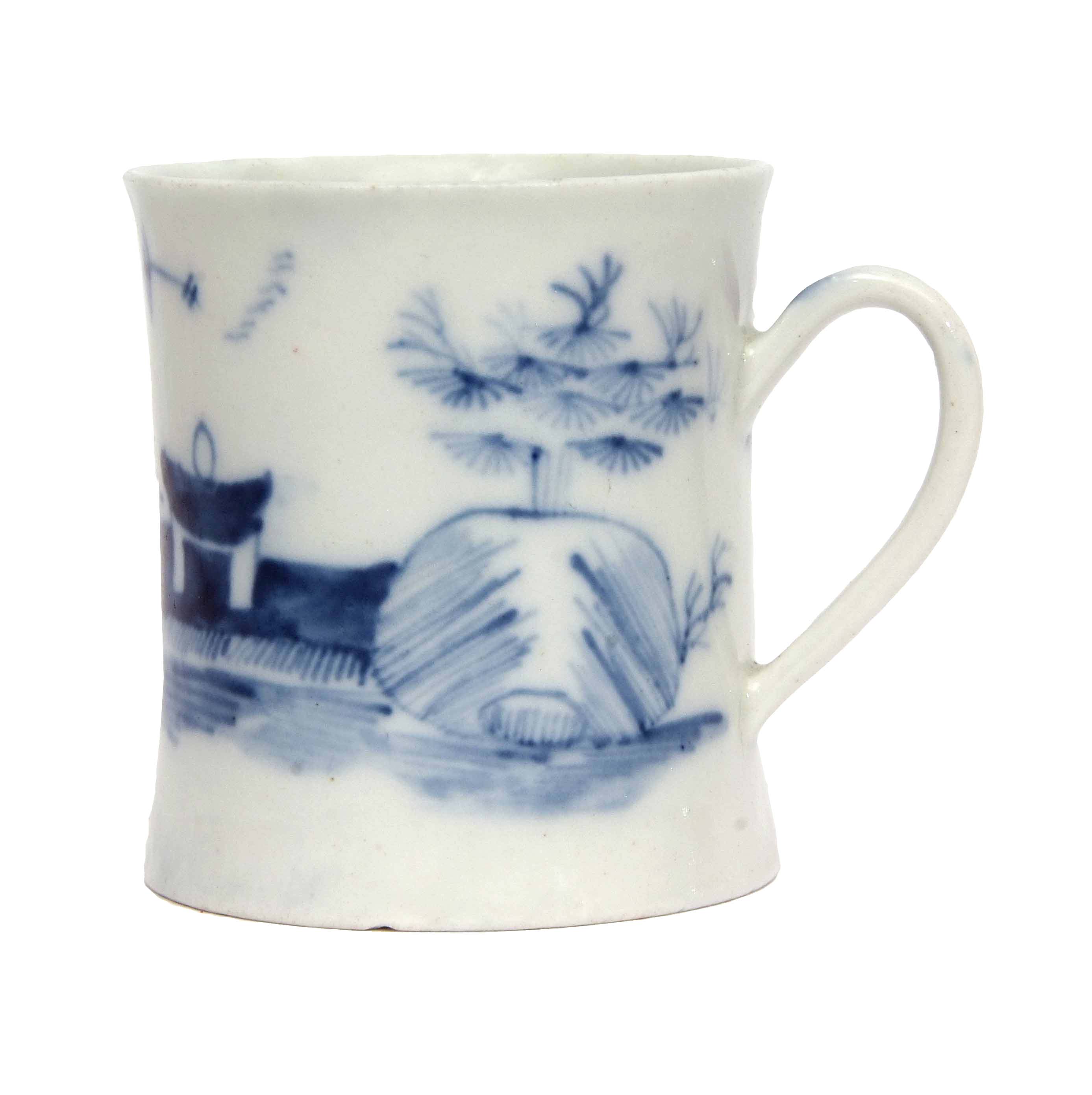 18th century Worcester coffee can or small mug circa 1755, decorated in tones of underglaze blue