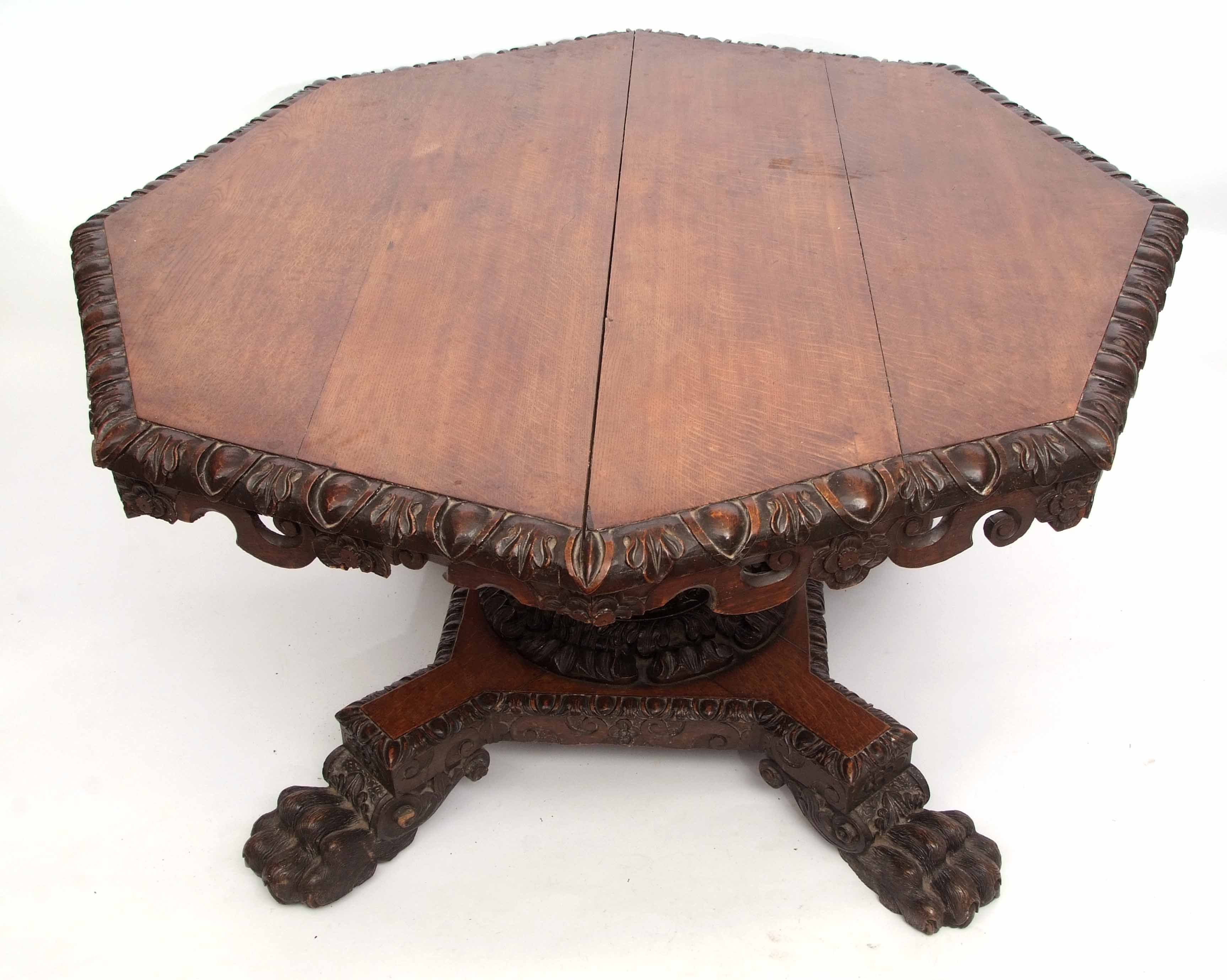 Early Victorian Gothic oak pedestal dining table of octagonal form, the rim carved with egg and dart - Image 4 of 4