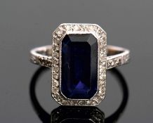 Art Deco sapphire and diamond rectangular shaped cluster ring, the rectangular sapphire approx