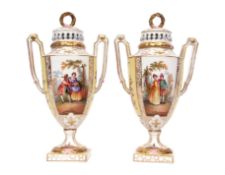 Pair of Continental porcelain vases decorated in Meissen style with figures in a landscape with