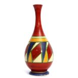 Clarice Cliff Bizarre vase, the pear shaped body decorated with a geometric design in tones of