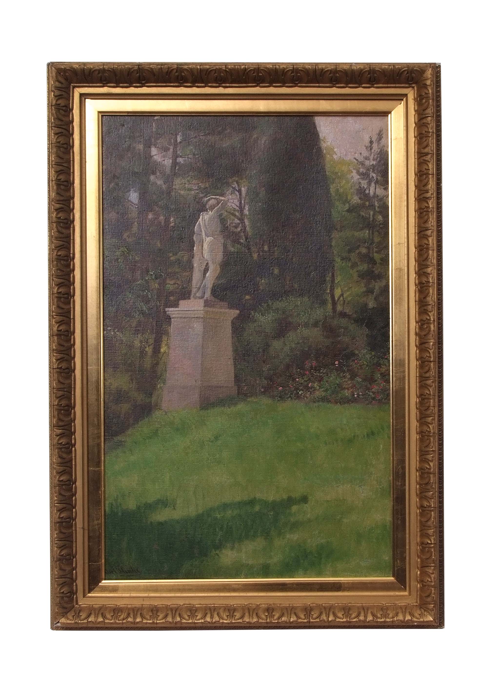 Carl Plinke (born 1867), Garden scene with statue, oil on canvas, signed lower left, 64 x 39cm