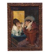 Pompeo Massani (1850-1920), Interior scene with romantic couple, oil on panel, signed top left, 13 x