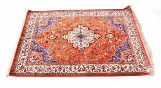 Fine quality modern Oriental silk rug, triple gull border, central floral panel with all-over flower