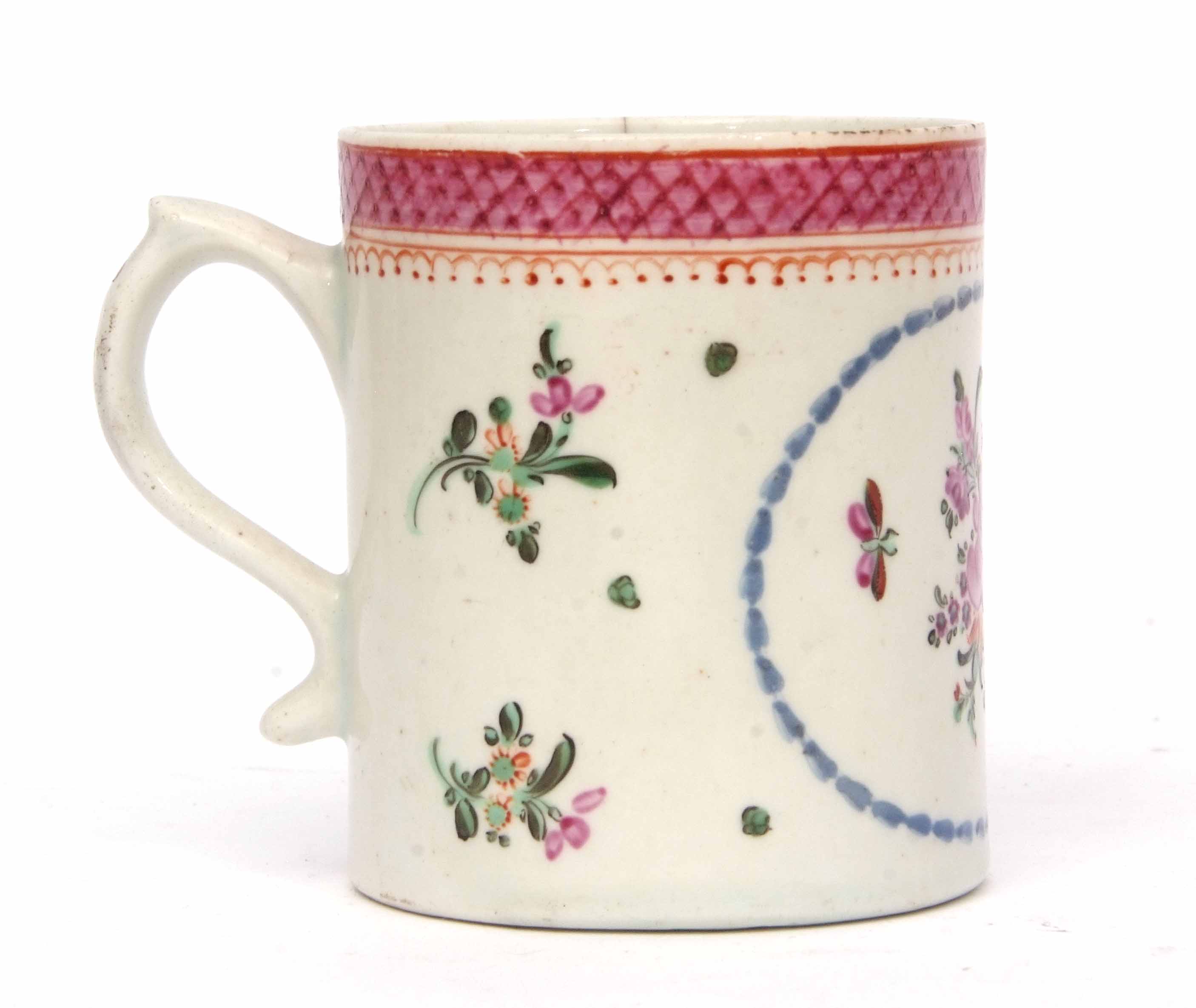 Lowestoft small polychrome mug with pip handle, the centre with a floral spray within a blue - Image 3 of 5