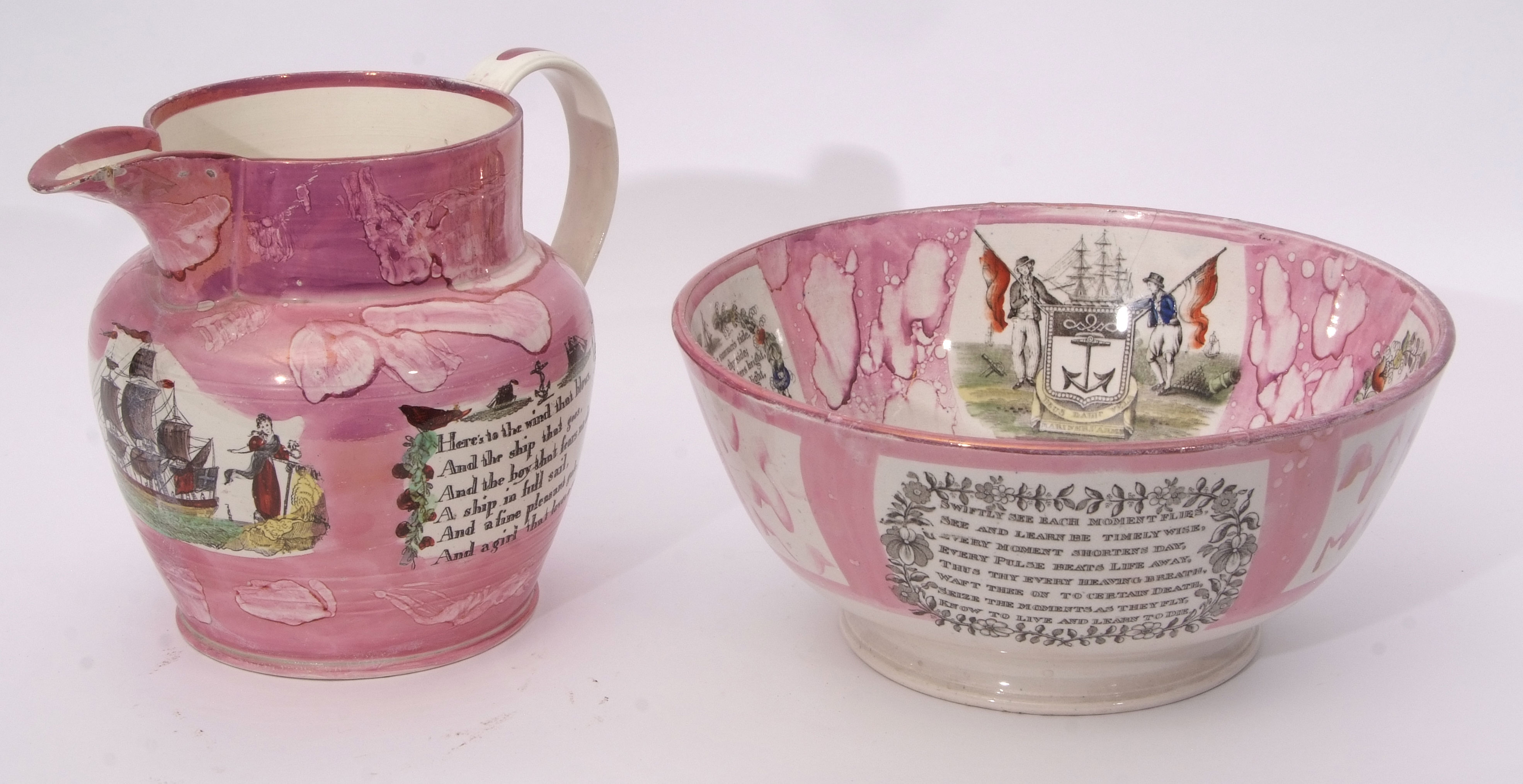 Sunderland lustre jug and a large bowl, both decorated with splash pink lustre, the jug decorated - Image 5 of 5