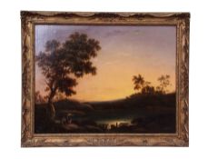 Circle of George Barrett (18th/19th century) Figures in romantic landscape, oil on canvas, 58 x