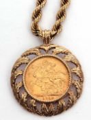Edward VII gold sovereign in a heavy 9ct gold pendant mount, suspended on a rope twist neck chain,