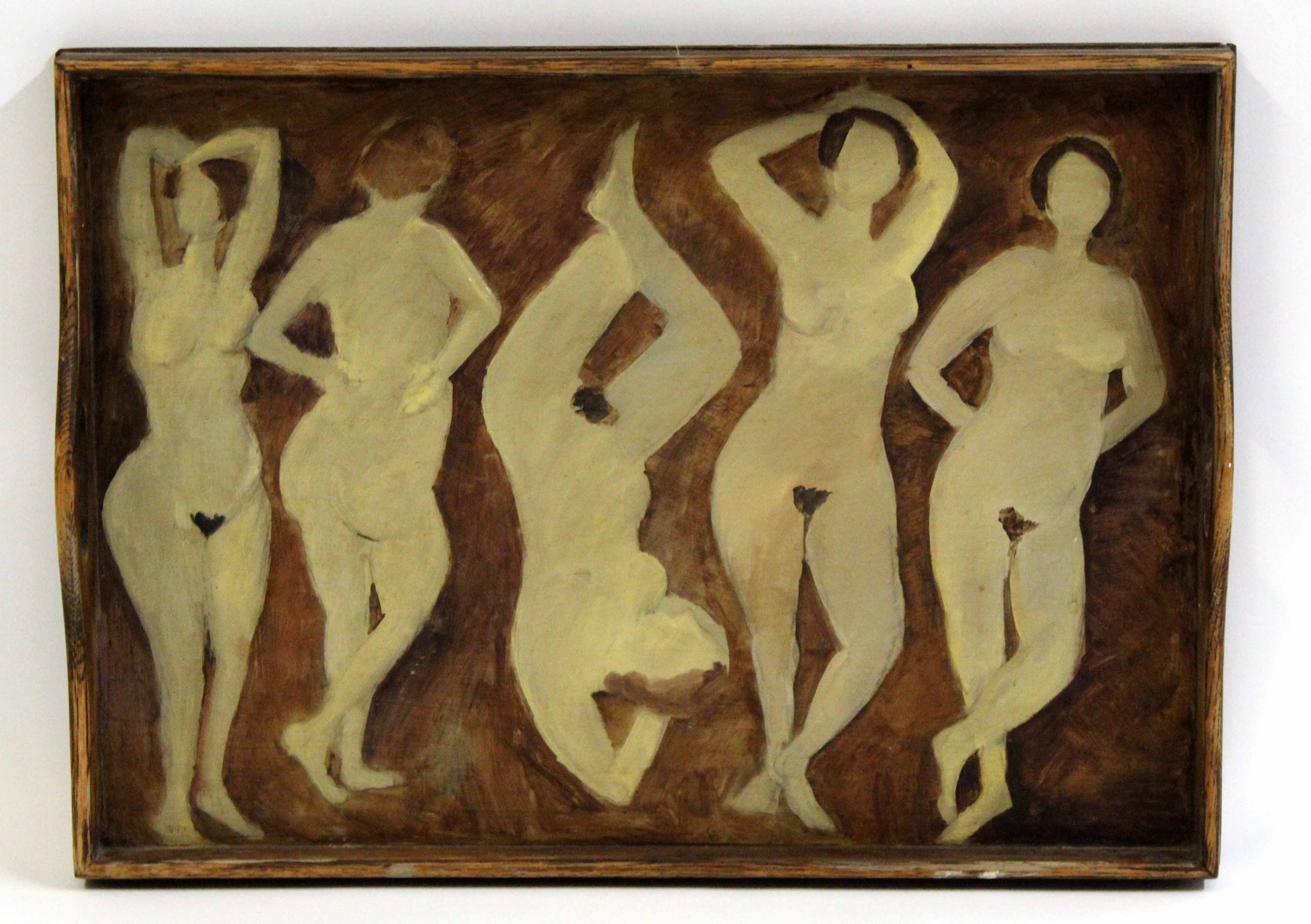 AR Tessa Newcomb, (born 1955), Five female nudes, oil on wooden tray, initialled and dated 92 - Image 2 of 2