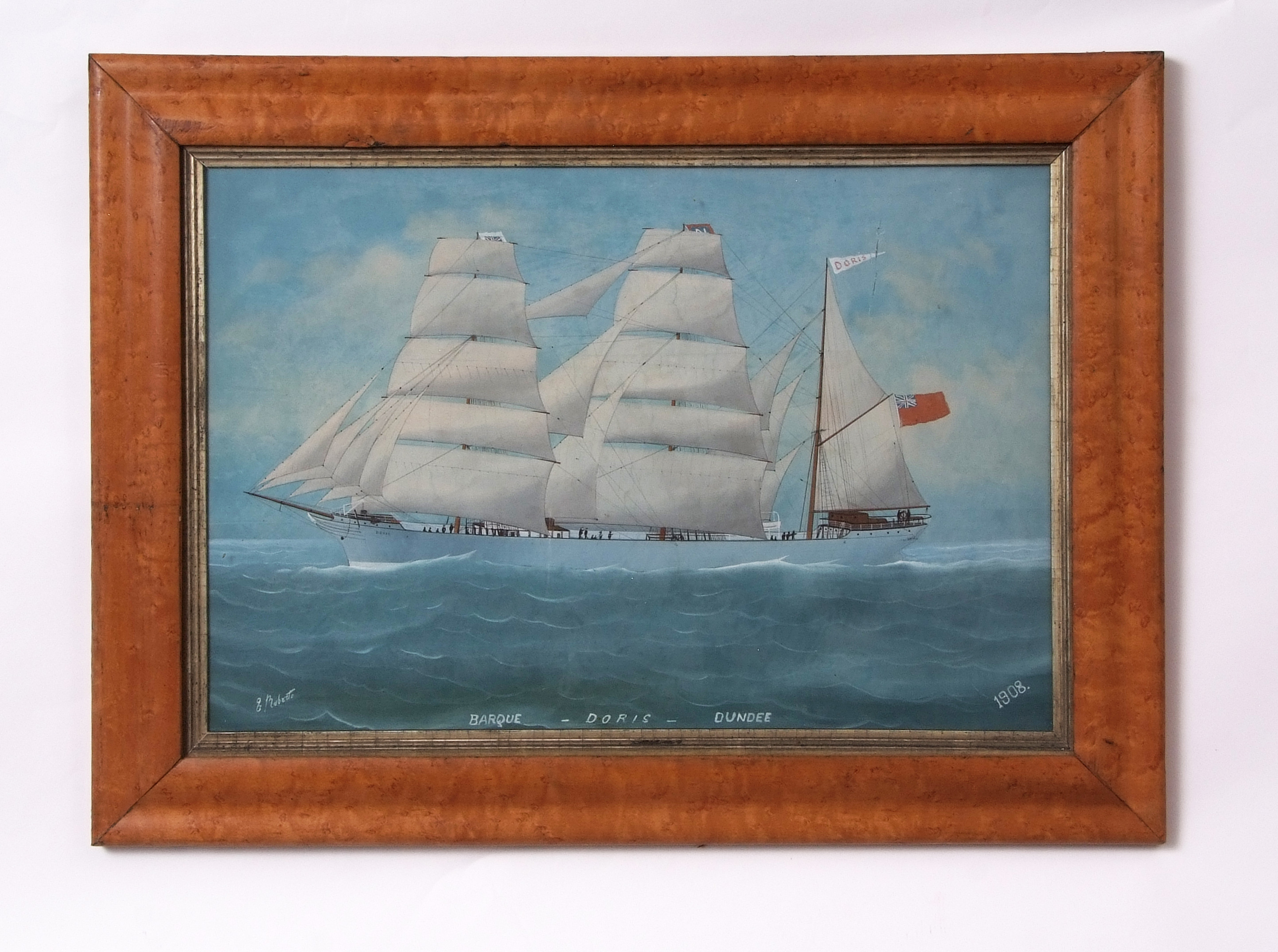 Luigi Roberto (1845-1910) "Barque - Doris - Dundee", gouache, signed lower left, dated 1908 lower - Image 2 of 2