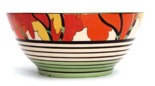 Clarice Cliff Bizarre bowl decorated with the Honolulu pattern, the base marked "Fantasque Bizarre