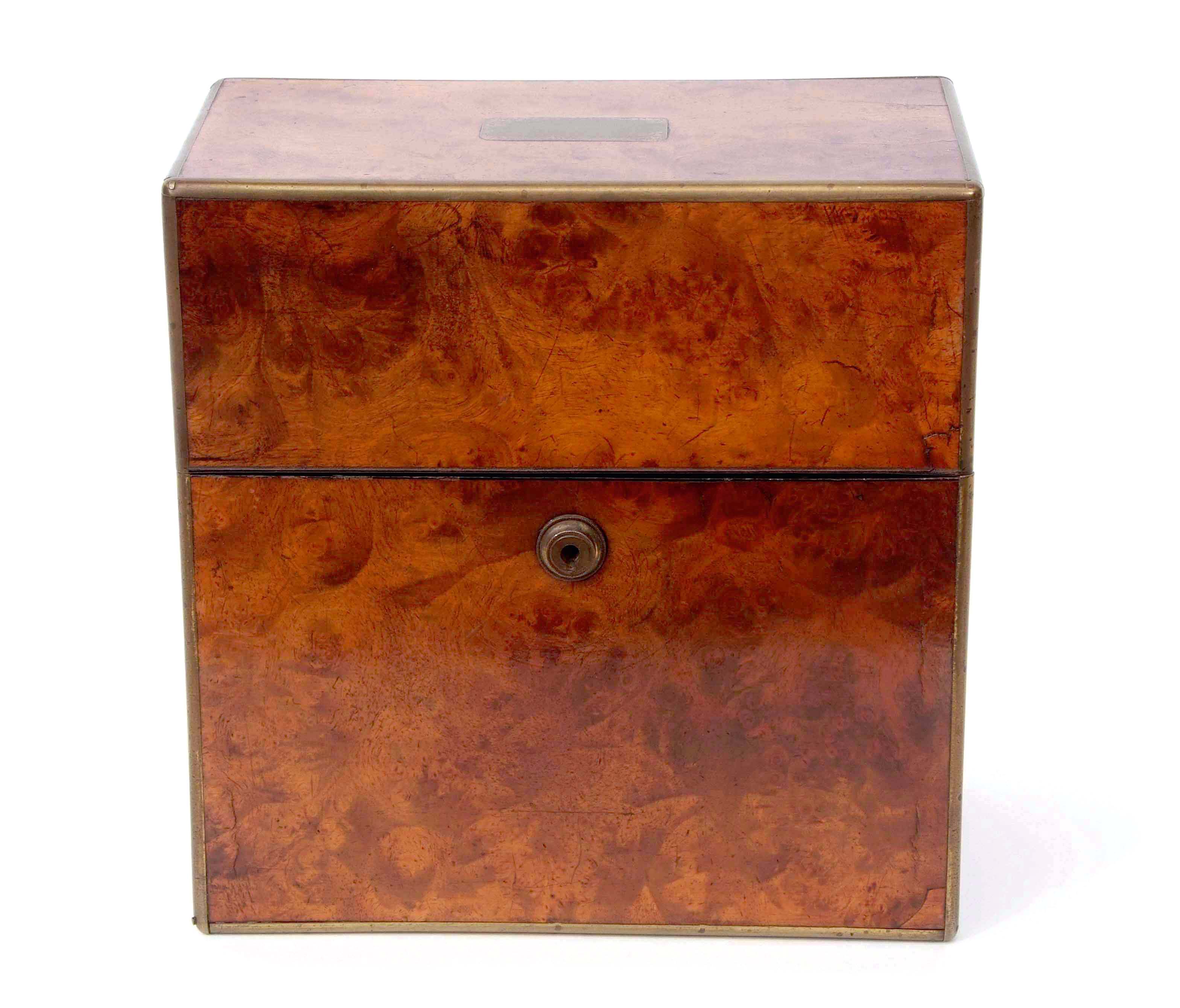 19th century burr walnut decanter box, brass bound throughout and the lifting lid with vacant