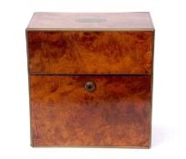 19th century burr walnut decanter box, brass bound throughout and the lifting lid with vacant