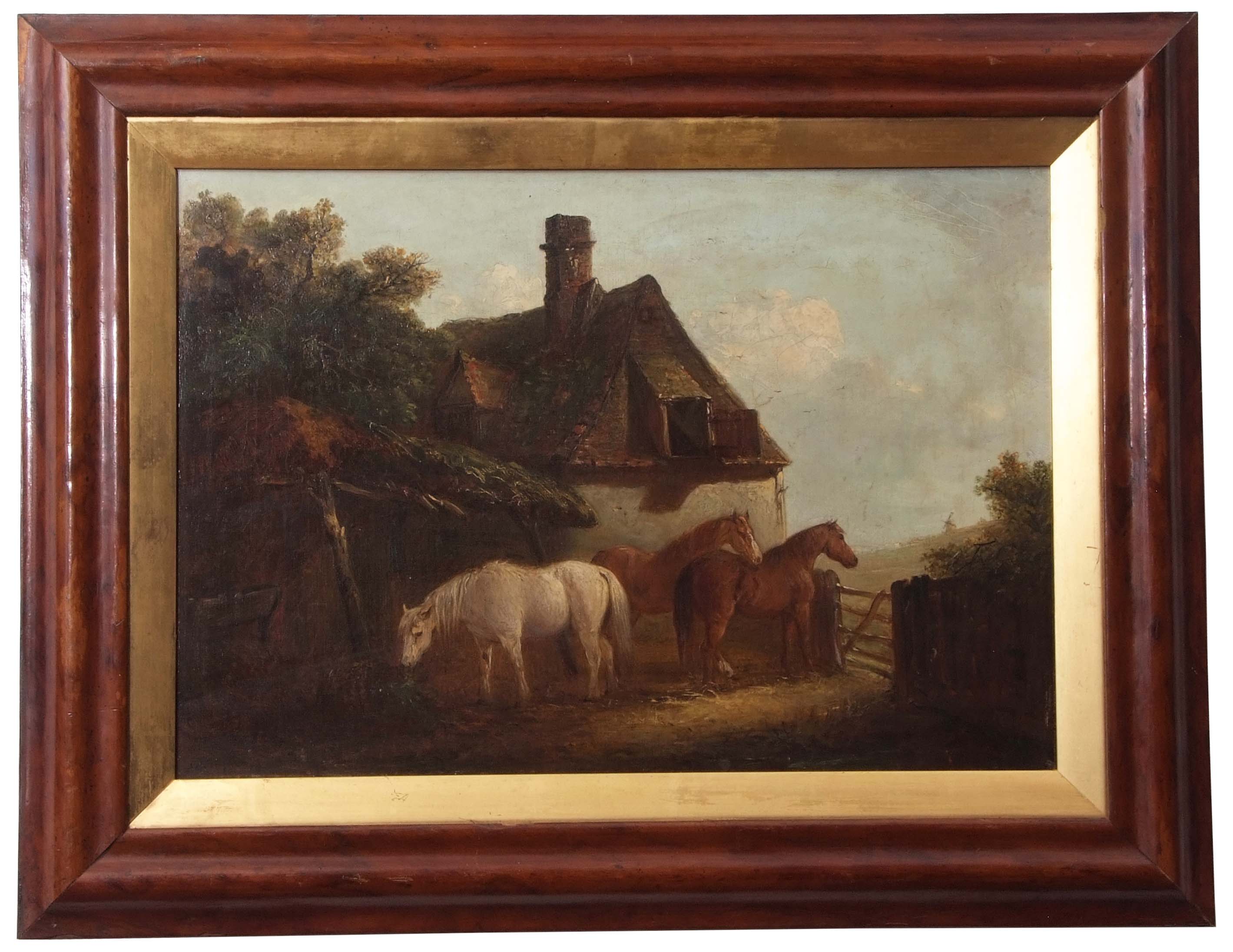 Edward Robert Smythe (1810-1899) Horses before a cottage and stable, oil on canvas, signed lower