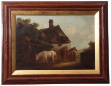 Edward Robert Smythe (1810-1899) Horses before a cottage and stable, oil on canvas, signed lower