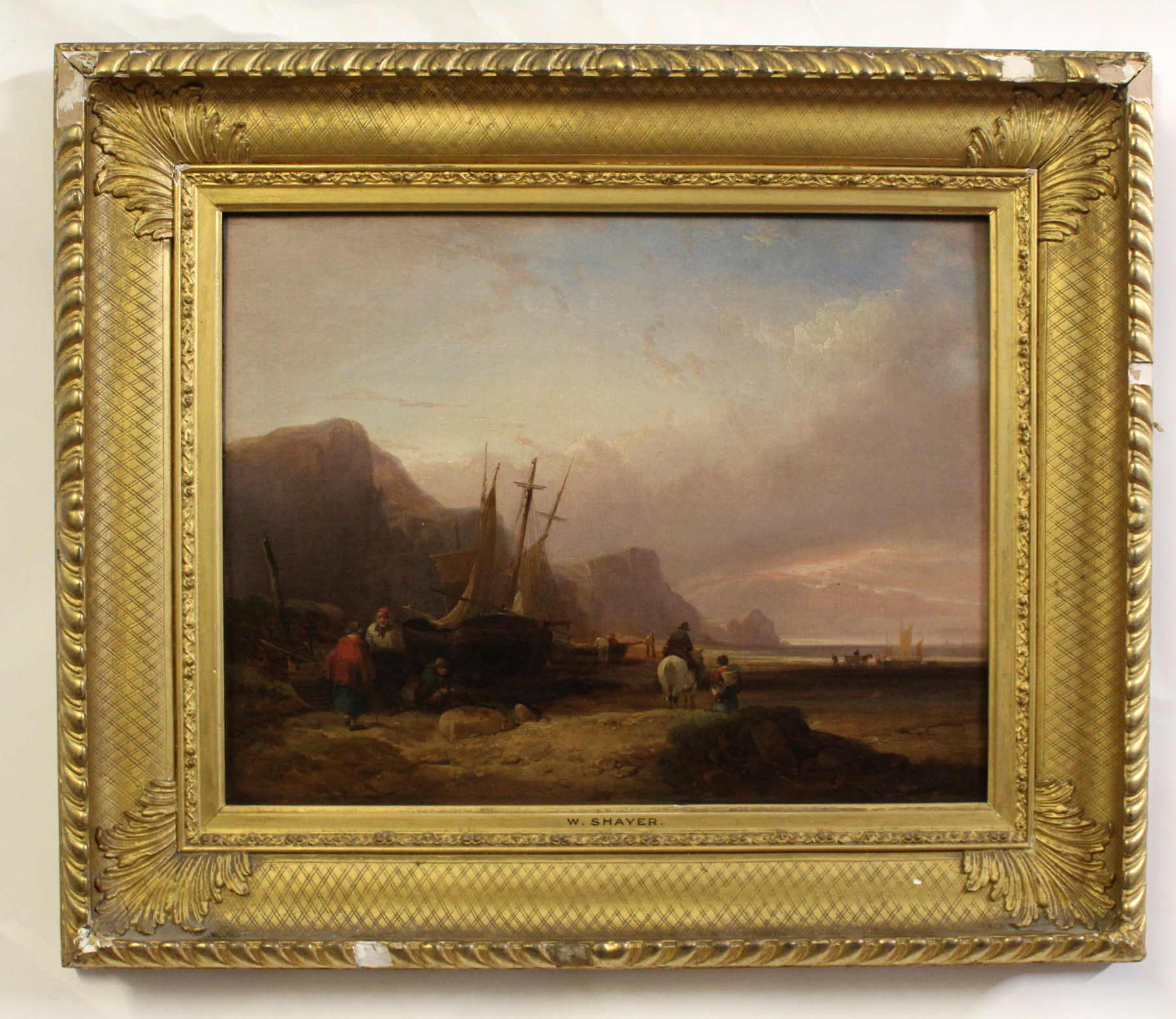 William Shayer (1788-1879) Coastal scene with fishing boats and fisher folk oil on canvas, signed - Image 2 of 2