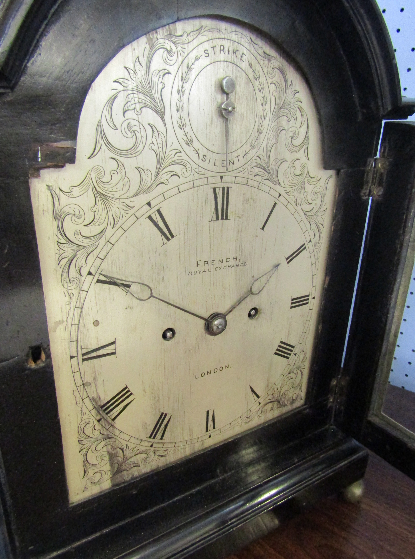 Mid-19th century ebonised twin fusee bracket clock, French - Royal Exchange, London, the arched case - Image 13 of 15