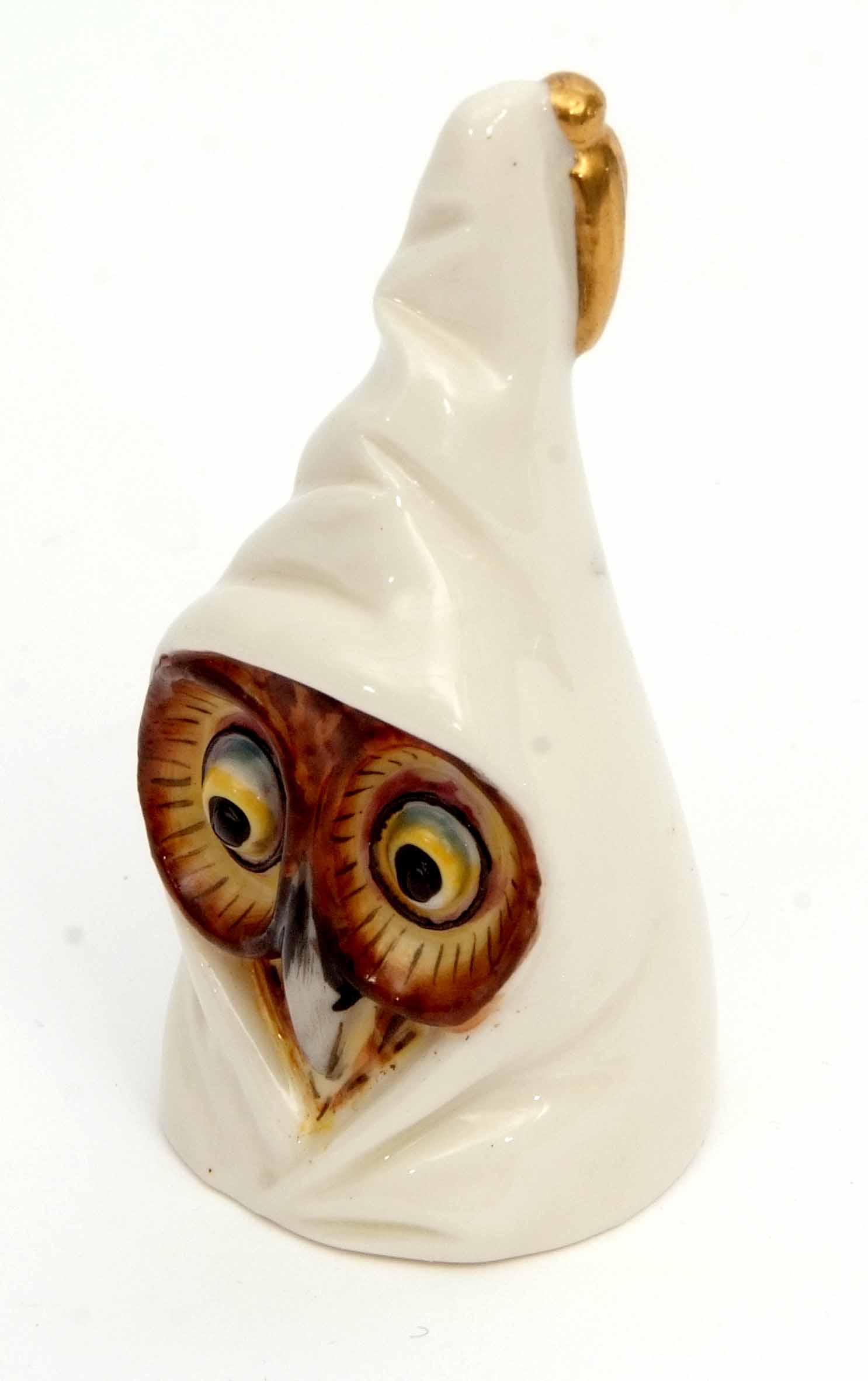 Early 20th century Royal Worcester candle snuffer modelled as an owl with brown face and blue/yellow - Image 3 of 3