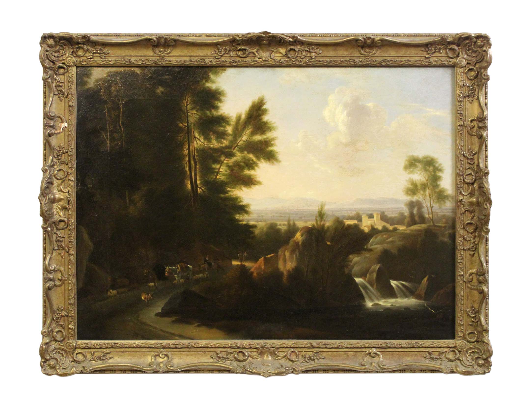 Continental School (18th/19th century) Travellers and animals in Italian landscape, oil on canvas,