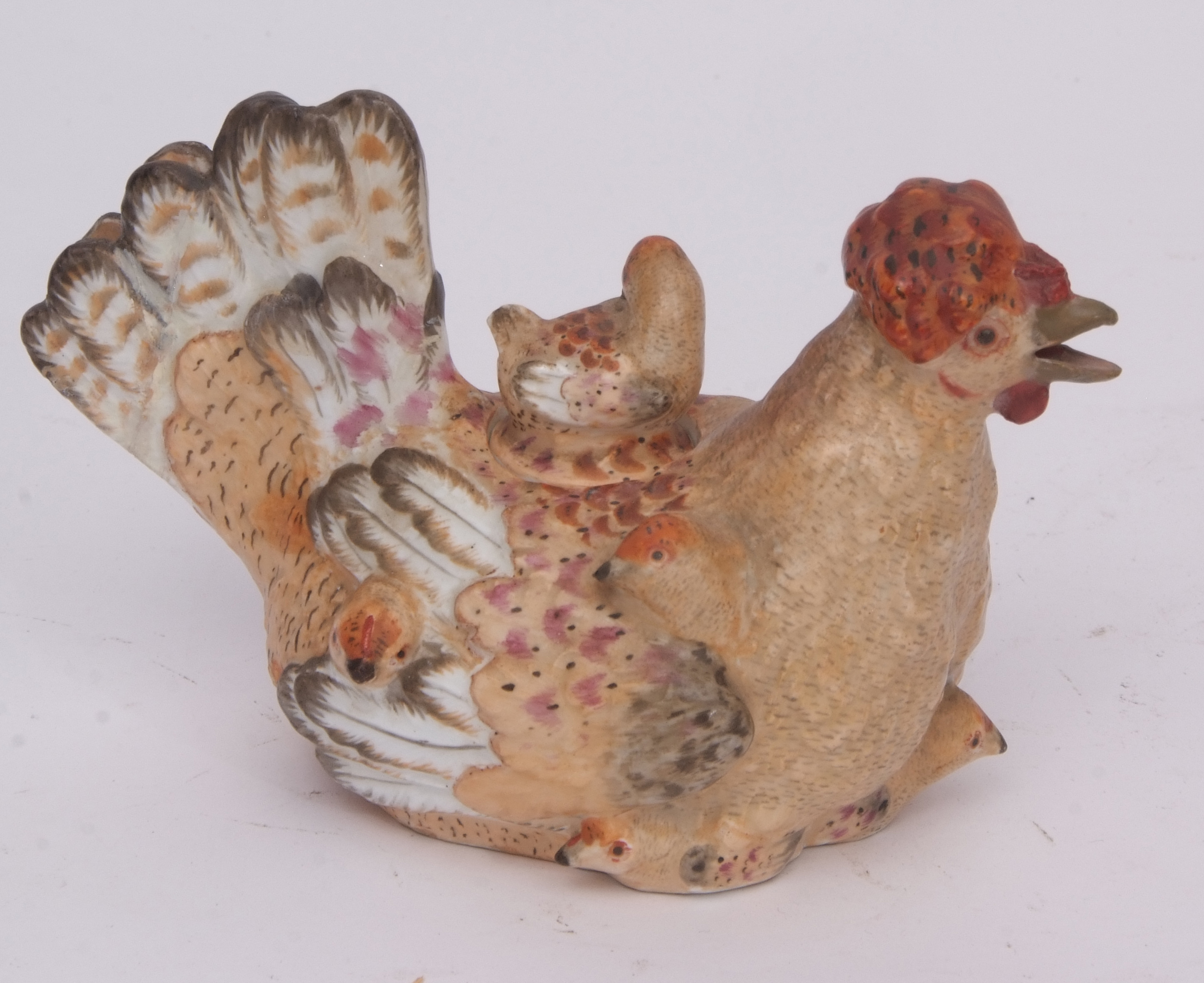 19th century tea pot modelled as a chicken in Meissen style with indistinct blue crossed swords to - Image 2 of 3