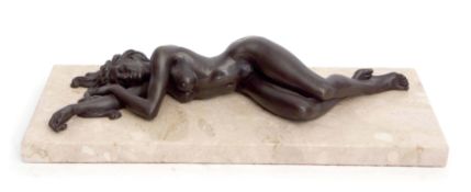 Bronze patinated model of a reclining female nude, on a marble plinth, 35cm long