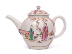 Lowestoft tea pot and cover, circa 1780, decorated in polychrome with chinoiserie scenes within gilt
