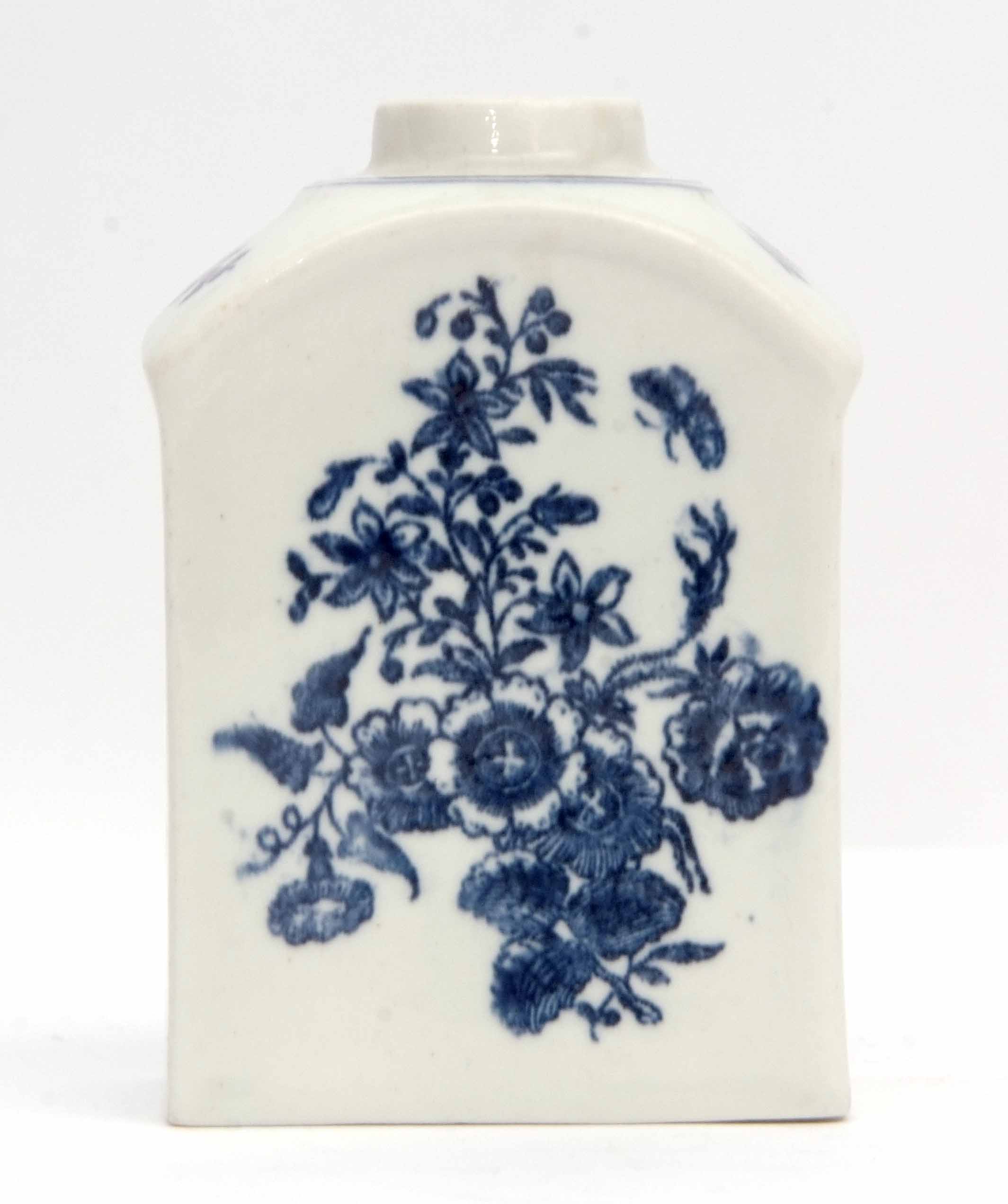 Lowestoft tea caddy decorated with prints of floral sprays after Worcester, 10cm high - Image 2 of 6