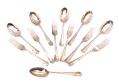 Six each George V Hanoverian Rat-tail pattern dessert spoons and forks, length of spoons 17.5cm,