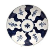 Lowestoft porcelain saucer dish, circa 1775, decorated with the Robert Browne pattern, 20cm diam,