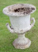 Weathered cement or composition garden urn of two-handled campana form, 65cm diam