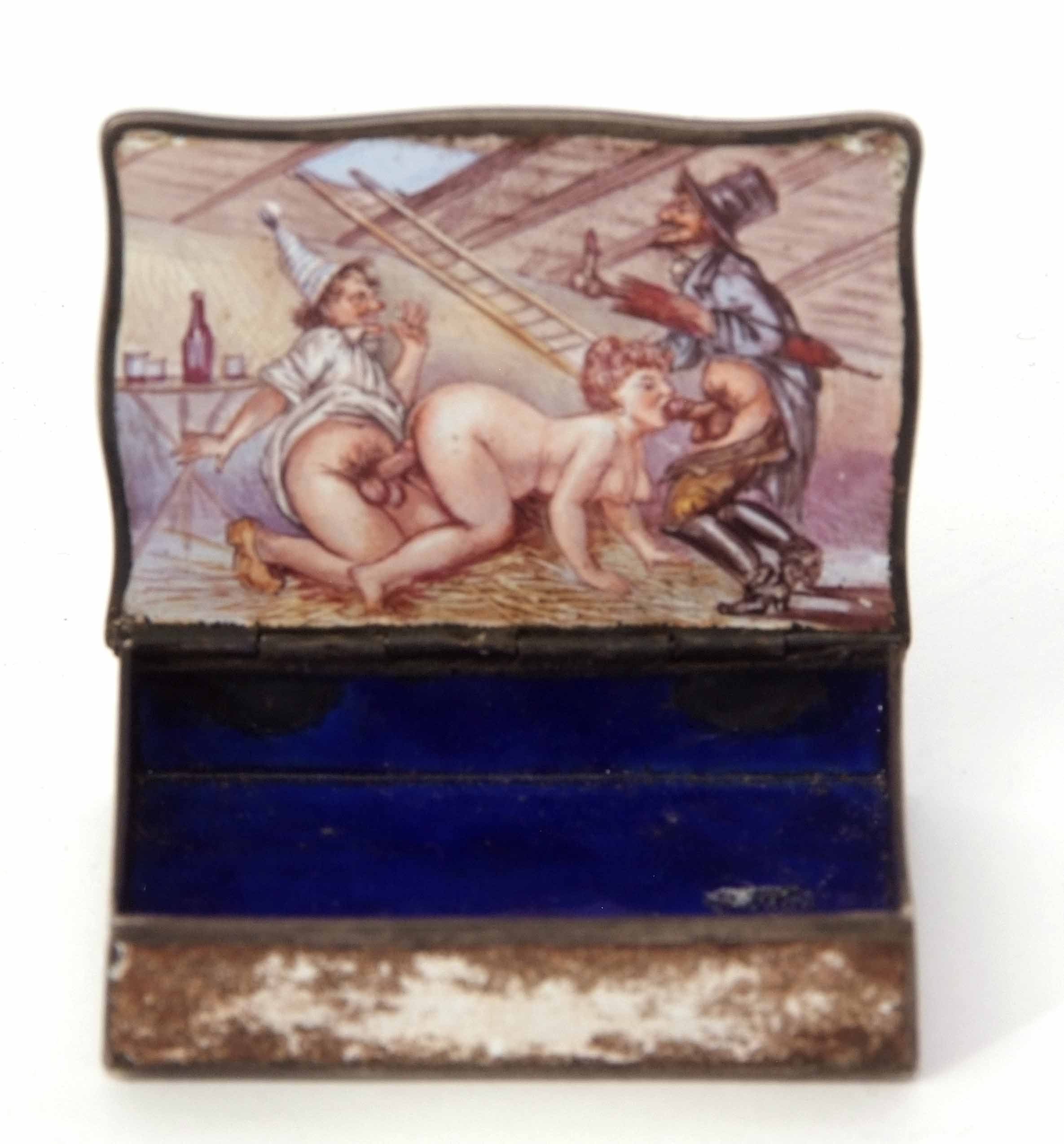 Late 19th century Continental white metal and enamelled erotic vesta case of serpentine - Image 2 of 3