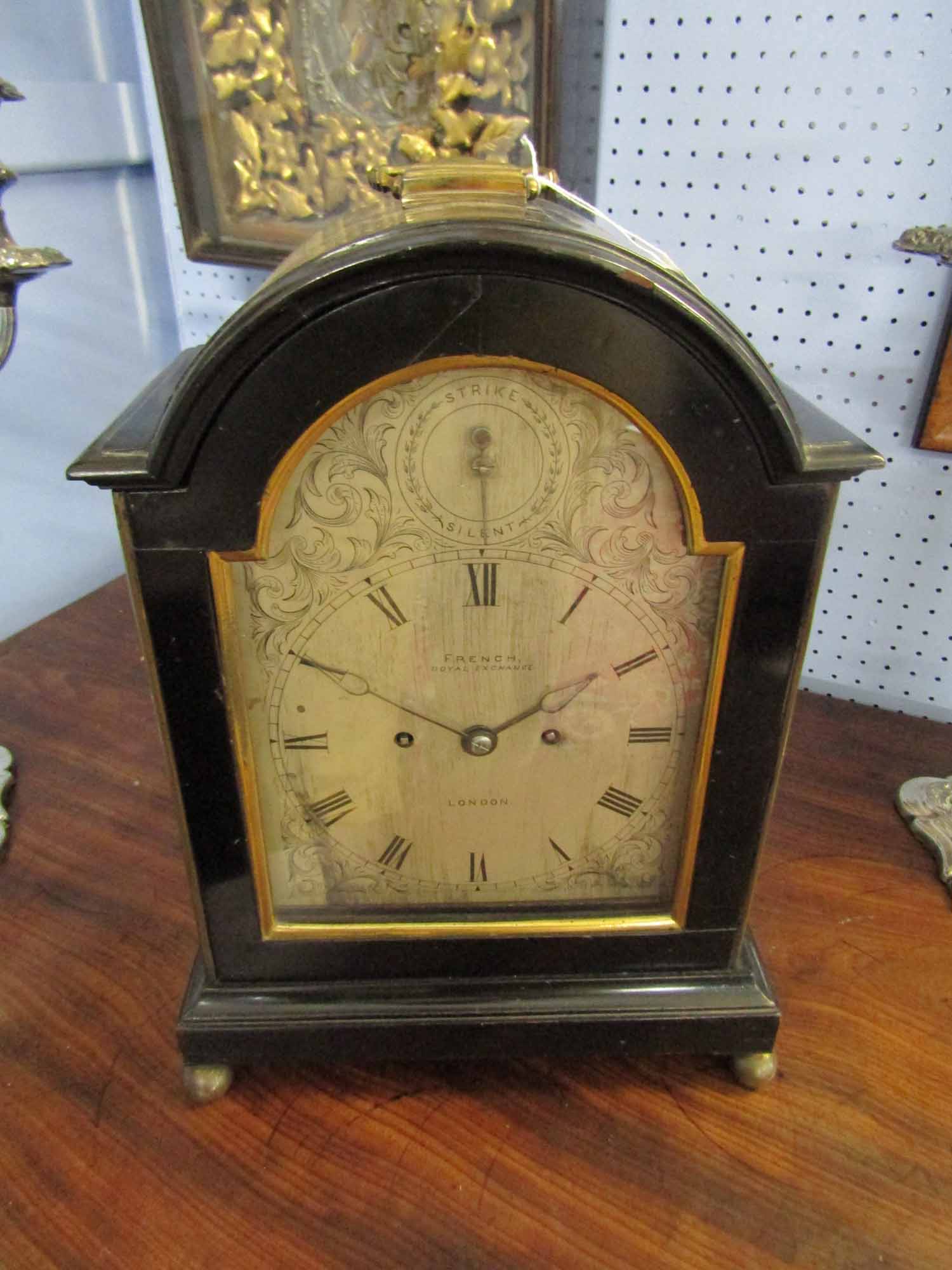 Mid-19th century ebonised twin fusee bracket clock, French - Royal Exchange, London, the arched case - Image 4 of 15