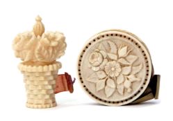 Mixed Lot: comprising late 19th/early 20th century carved ivory tape measure, modelled in the form