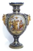 A monumental Italian Majolica vase probably Cantagalli or Urbino, the blue body with painted scrolls