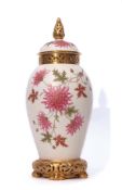 19th century Royal Worcester Grainger baluster vase on a reticulated gilt base, the blush ground