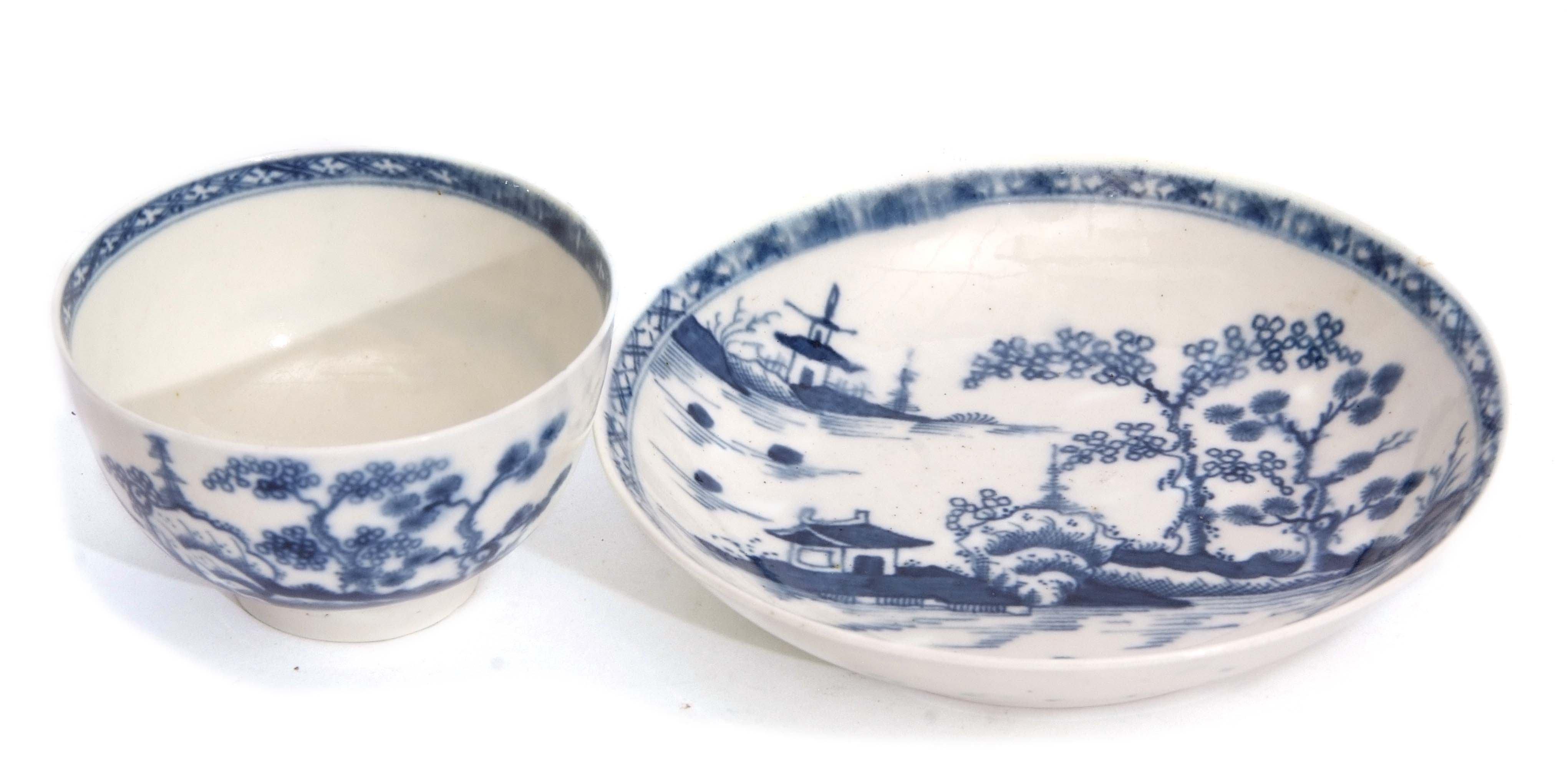 Worcester tea bowl and saucer decorated in blue and white with the Cannon Paul pattern with