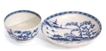 Worcester tea bowl and saucer decorated in blue and white with the Cannon Paul pattern with