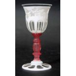 Bohemian double overlay glass goblet, flashed in white above a pink stem, cut with panels and