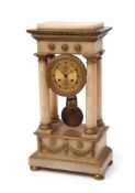 Late 19th century French white alabaster and gilt brass portico clock, the plinth shaped case with
