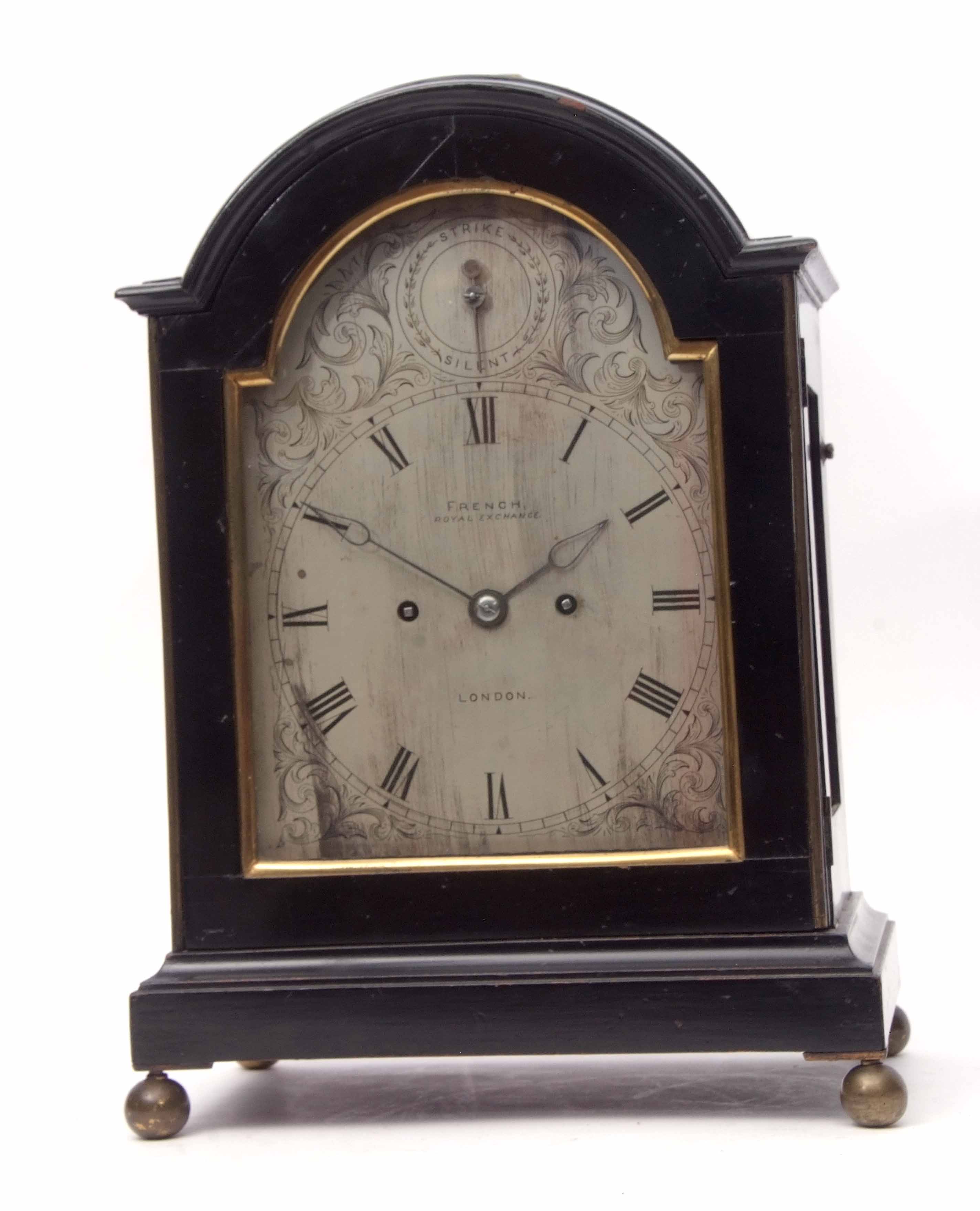 Mid-19th century ebonised twin fusee bracket clock, French - Royal Exchange, London, the arched case - Image 2 of 15