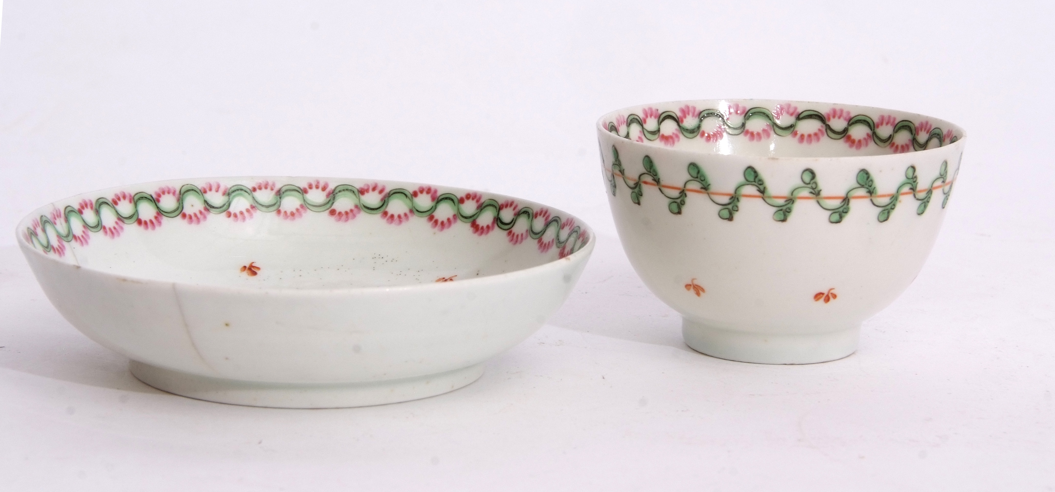 Lowestoft tea bowl and saucer circa 1780 with a polychrome design in green and pink enamel, the - Image 2 of 3