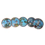 Group of five Japanese cloisonne dishes Meiji period, variously decorated with birds and branches