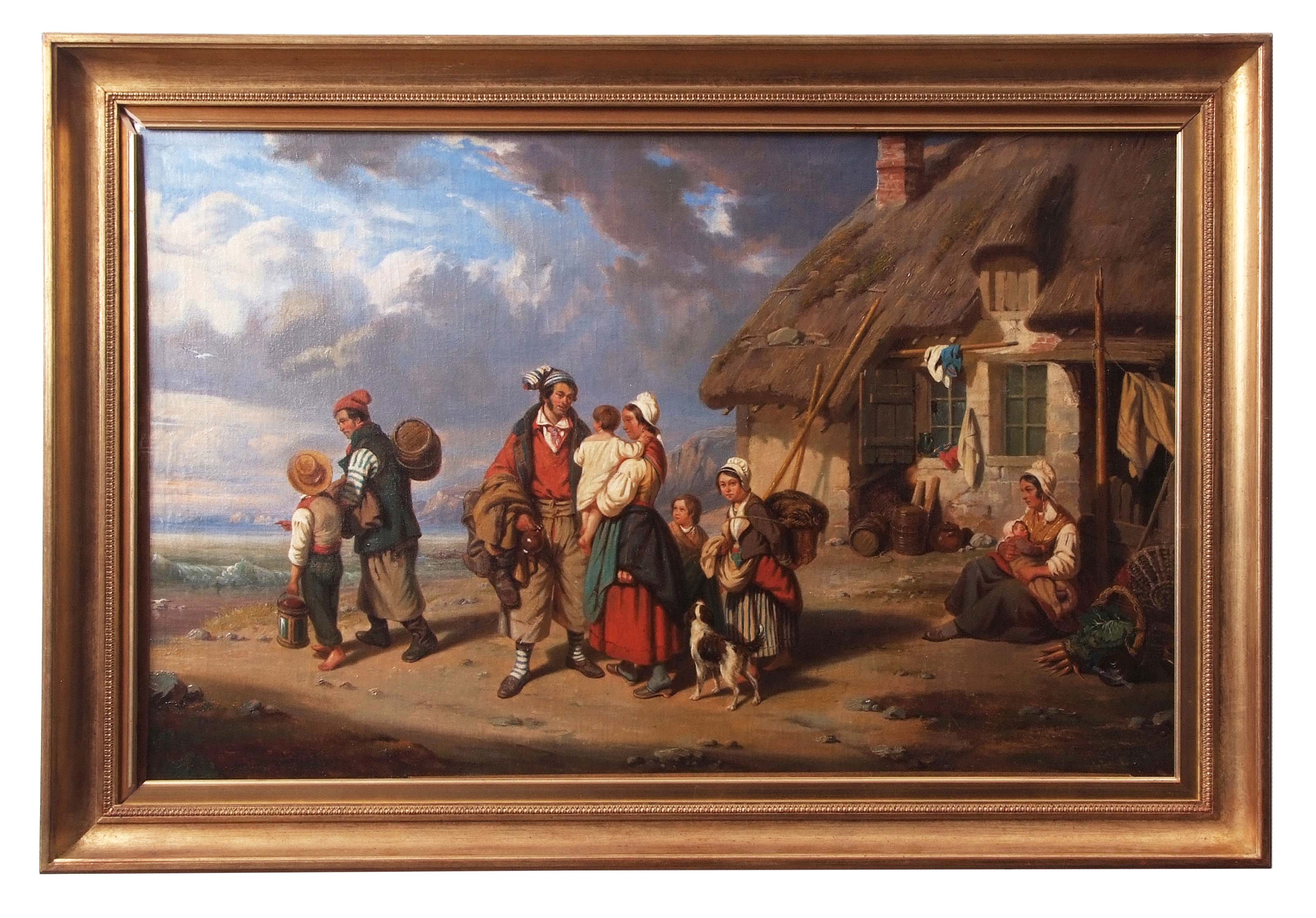French School (19th century), Fisherfolk by a cottage, oil on canvas, 56 x 88cm
