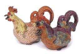Two 19th century Continental porcelain tea pots both modelled as chickens in Meissen style, 21cm